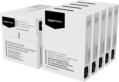 Amazon Basics Multipurpose Copy Printer Paper, 20 lb, 8.5 x 11 Inches, 5 Reams (2,500 Sheets), 92 Bright White