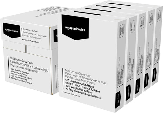 Amazon Basics Multipurpose Copy Printer Paper, 20 lb, 8.5 x 11 Inches, 5 Reams (2,500 Sheets), 92 Bright White