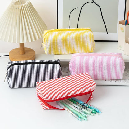 Seersucker Striped Pencil Bag, Large Capacity Stationery Pouch