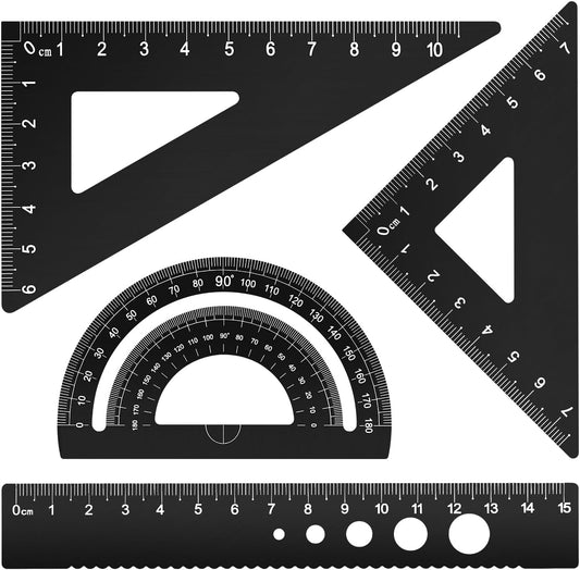 Honagu Triangular Ruler Set, 4 Pieces Aluminum Alloy Ruler, Metal Drafting Ruler, Geometric Protractor for Students, Draftsmen, Engineers, School Office Supplies (Black)