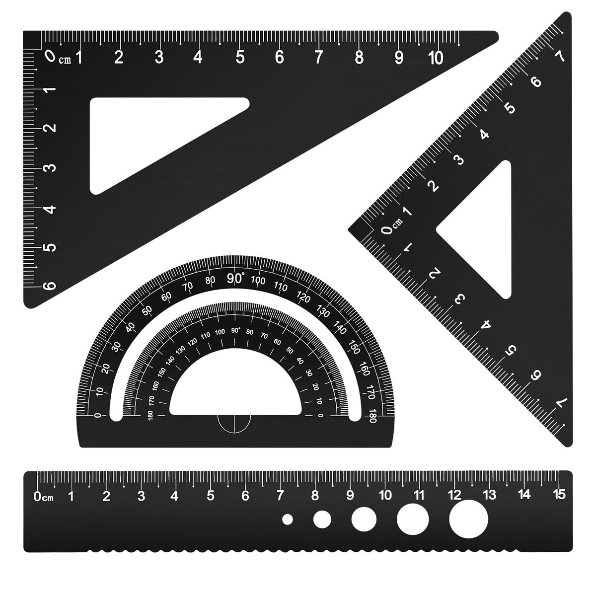 Honagu Triangular Ruler Set, 4 Pieces Aluminum Alloy Ruler, Metal Drafting Ruler, Geometric Protractor for Students, Draftsmen, Engineers, School Office Supplies (Black)