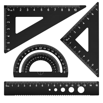 Honagu Triangular Ruler Set, 4 Pieces Aluminum Alloy Ruler, Metal Drafting Ruler, Geometric Protractor for Students, Draftsmen, Engineers, School Office Supplies (Black)