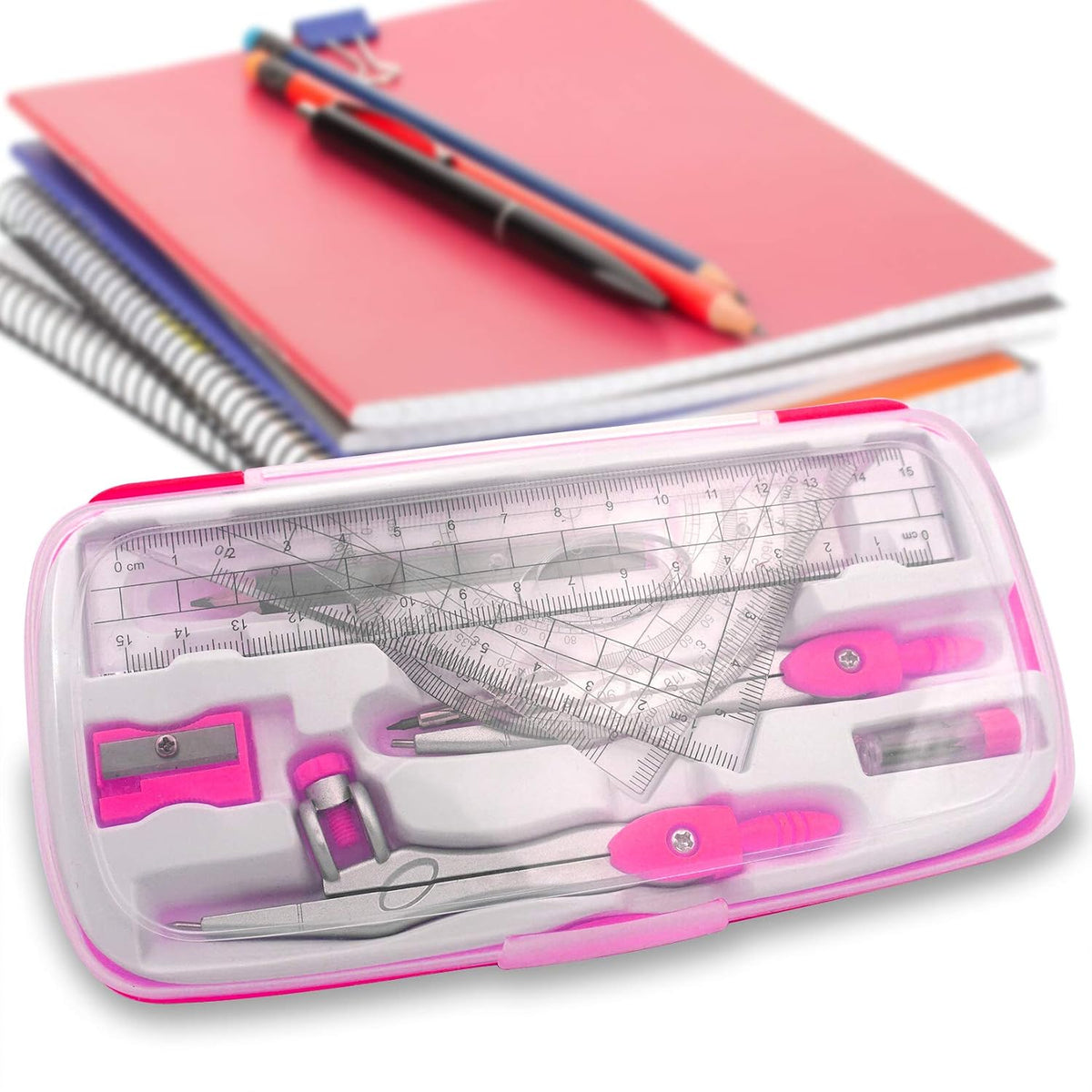 Akuoly Maths Compasses Full Starter Geometry Kit with 2 Drafting Compasses Protractor 2 Set Squares Ruler Pencil and More for Students Maths Study Homework etc. Pink