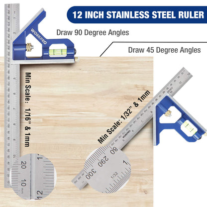 WORKPRO Aluminum Alloy Carpenter Square and Zinc-Alloy Square Ruler Set