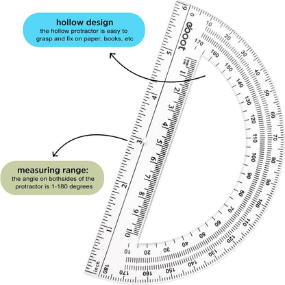 Zonon 6 Packs 12 Inch Plastic Ruler and 6 Inch Protractor Set, Clear Geometry Math Set, Transparent Ruler Supplies for Back to School, Classroom and Student School Supplies, Office Drawing