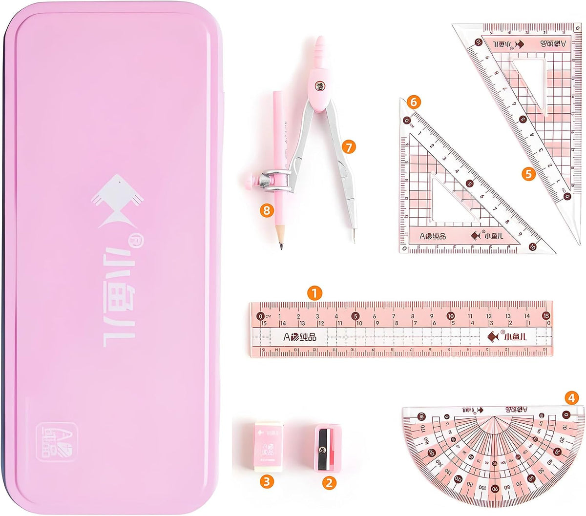 8 Pcs Compass/Math Set for Students with Shatterproof Storage Box, Geometry Set for School, Includes Ruler, Protractor, Compass, Pencil,Pencil Sharpener and Eraser,etc. Perfect Gift (Pink)