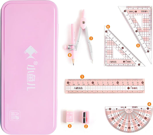 8 Pcs Compass/Math Set for Students with Shatterproof Storage Box, Geometry Set for School, Includes Ruler, Protractor, Compass, Pencil,Pencil Sharpener and Eraser,etc. Perfect Gift (Pink)