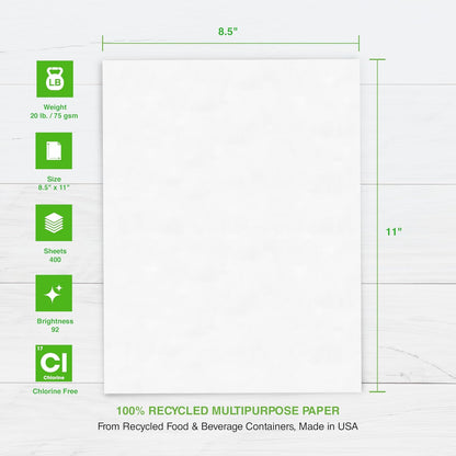 PrintWorks 100% Recycled Printer Paper 8.5" x 11" White - 20 lb Copy & Multipurpose Computer Paper - 6 Packs, 2400 Sheets - Made in the USA - 92 Bright - Printer & Copier Compatible (00018C)