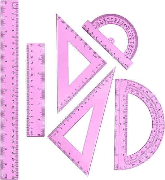 Tenare 6 Pcs Math Geometry Ruler Straight Protractor Triangle, Pink