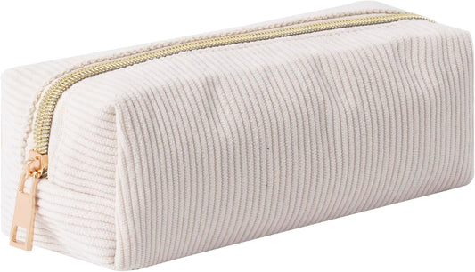 Corduroy Pencil Case with Metal Zipper Aesthetic Pen Pouch Large Capacity Makeup Bag Cosmetic Organizer Stationery Storage Bag for School Office Travel Cute Pencil Box (White)