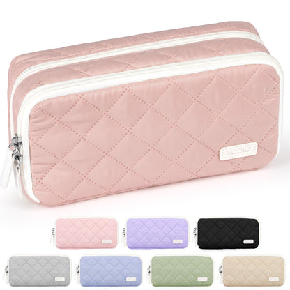 Sooez Large Pencil Case Pouch, Extra Big Pencil Bag with 8 Compartments, Pen Bag Wide Opening, Soft Quilted Pencil Pouch Organizer with Zipper, Portable Pencil Case for Teen Girls, Beige