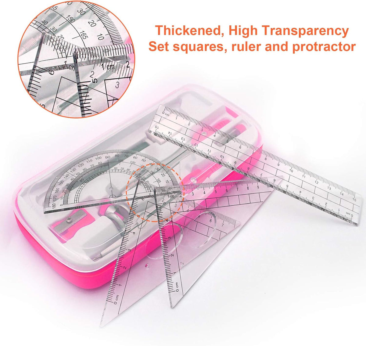 Akuoly Maths Compasses Full Starter Geometry Kit with 2 Drafting Compasses Protractor 2 Set Squares Ruler Pencil and More for Students Maths Study Homework etc. Pink