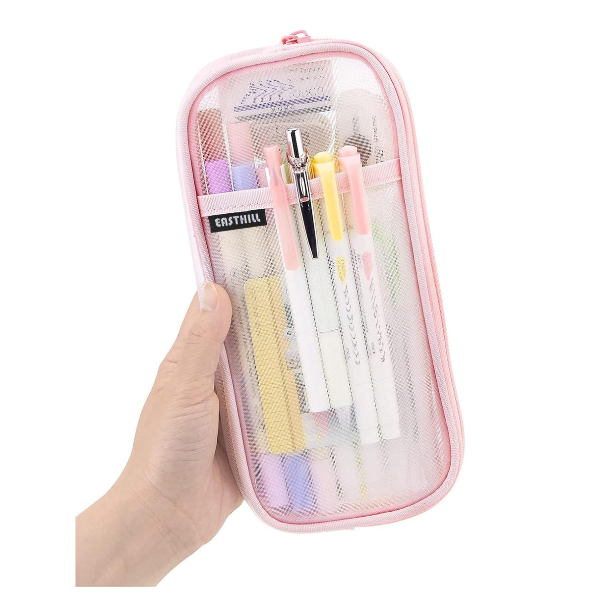 EASTHILL Grid Mesh Pen Pencil Case with Zipper Clear Makeup Color Pouch Cosmetics Bag Multi-Purpose Travel School Teen Girls Transparent Stationary Bag Office Organizer Box for Adluts(Blue)
