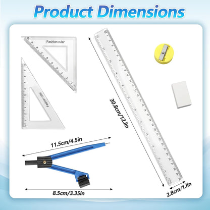 7Pcs Geometry Tool Protractor and Compass Set 12Inch Plastic Ruler