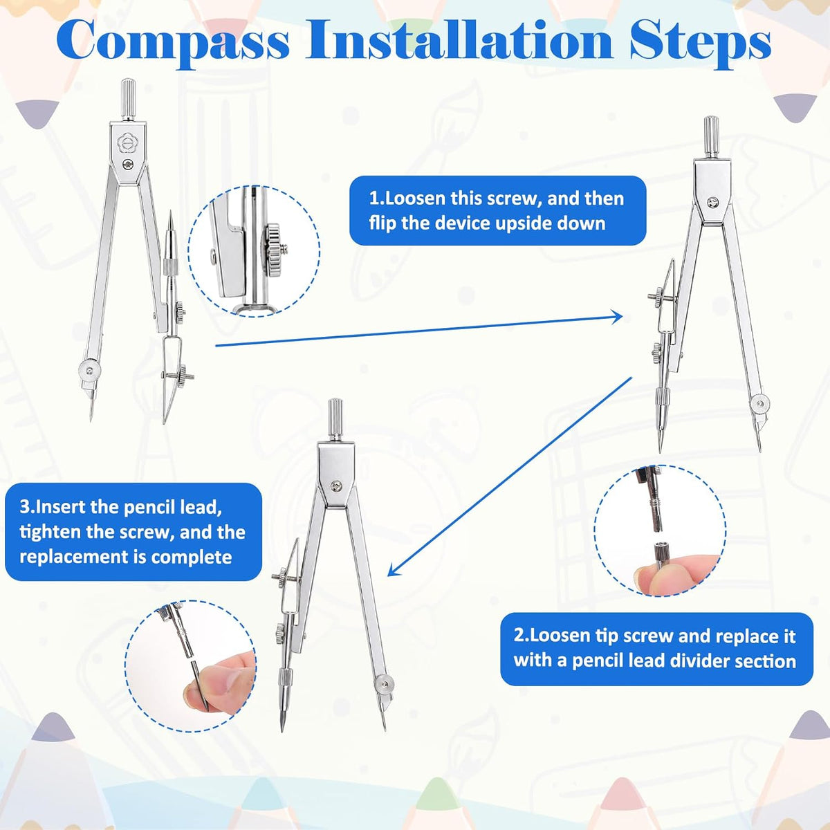 Coopay 7 Pcs Geometry Set, Clear Acrylic Ruler, Protractor and Compasses