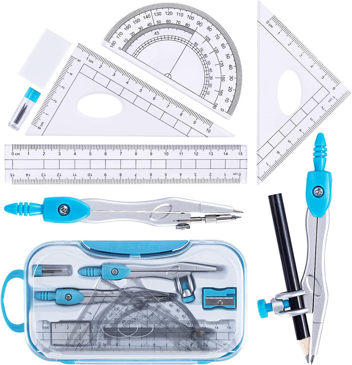 Math Geometry Kit Set 10 Pieces with Shatterproof Storage Box, Student Supplies Drawing Compass Includes Protractor, Rulers, Compass, Pencil Sharpener, Lead Refills, Pencil, Eraser(Blue)