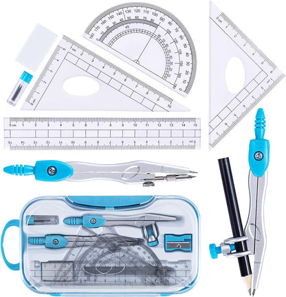 Math Geometry Kit Set 10 Pieces with Shatterproof Storage Box, Student Supplies Drawing Compass Includes Protractor, Rulers, Compass, Pencil Sharpener, Lead Refills, Pencil, Eraser(Blue)