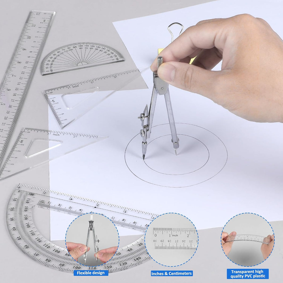 Coopay 7 Pcs Geometry Set, Clear Acrylic Ruler, Protractor and Compasses