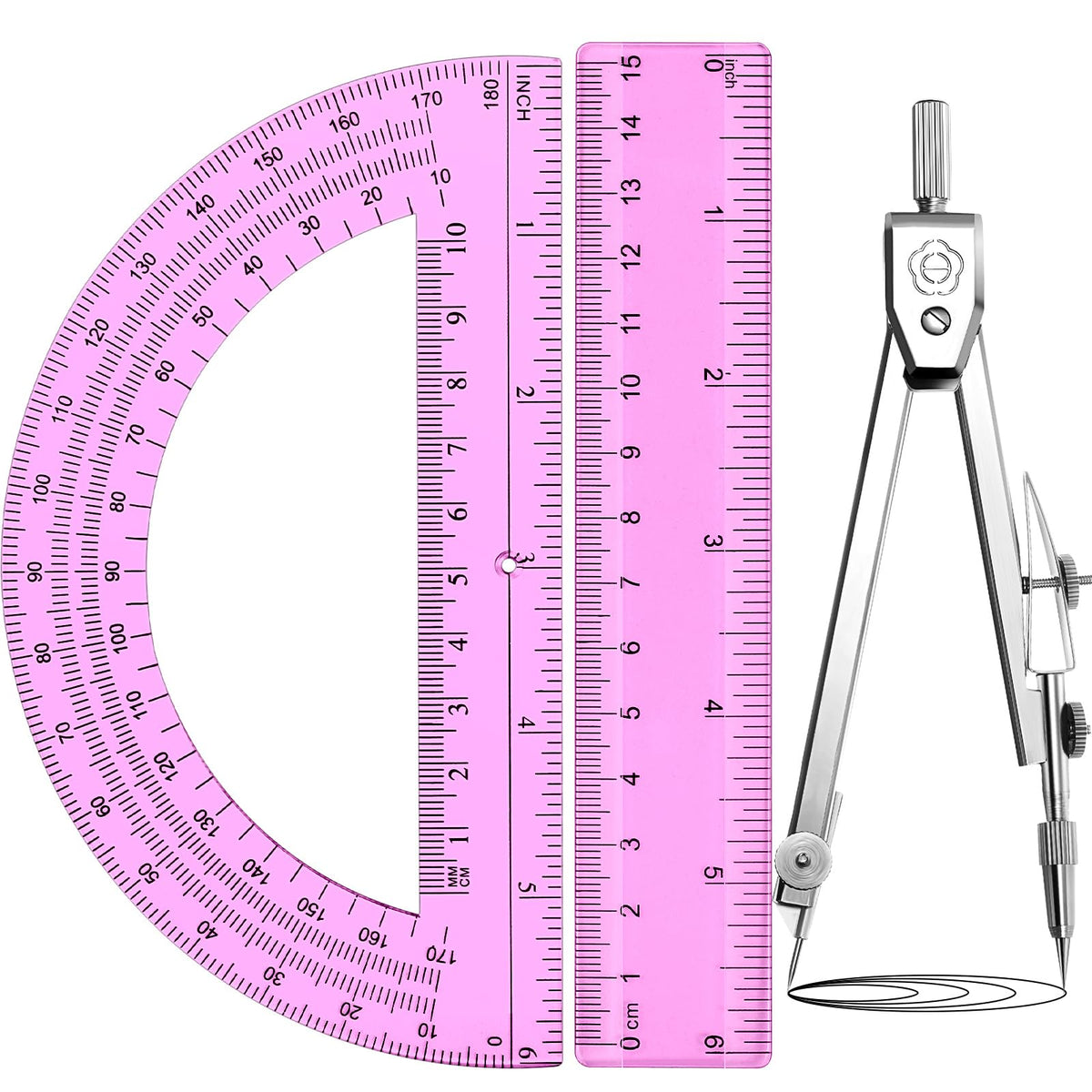 Zonon 3 Pcs 12" Clear Plastic Ruler 6 Inch Protractor Compass Set, Clear