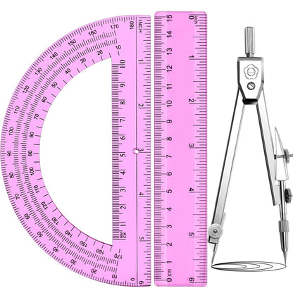 Zonon 3 Pcs 12" Clear Plastic Ruler 6 Inch Protractor Compass Set, Clear