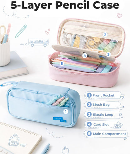 Four Candies Large Pencil Case, 5 Compartments Canvas Pen Organize