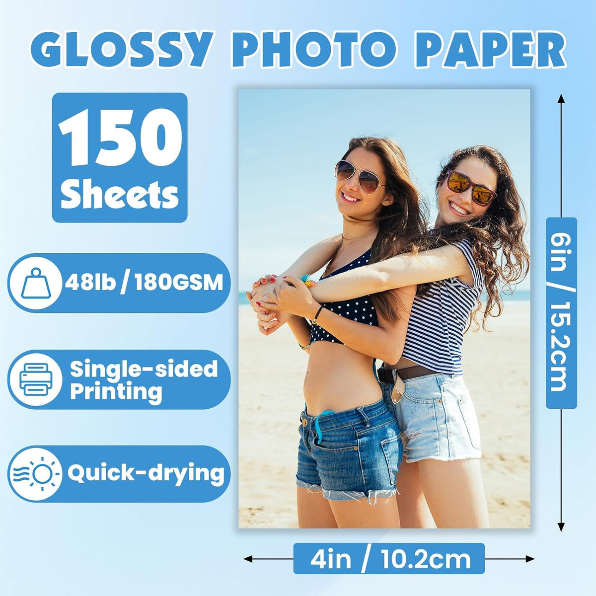 150 Sheets Glossy Photo Paper, 4in x 6in, 180GSM / 48lb