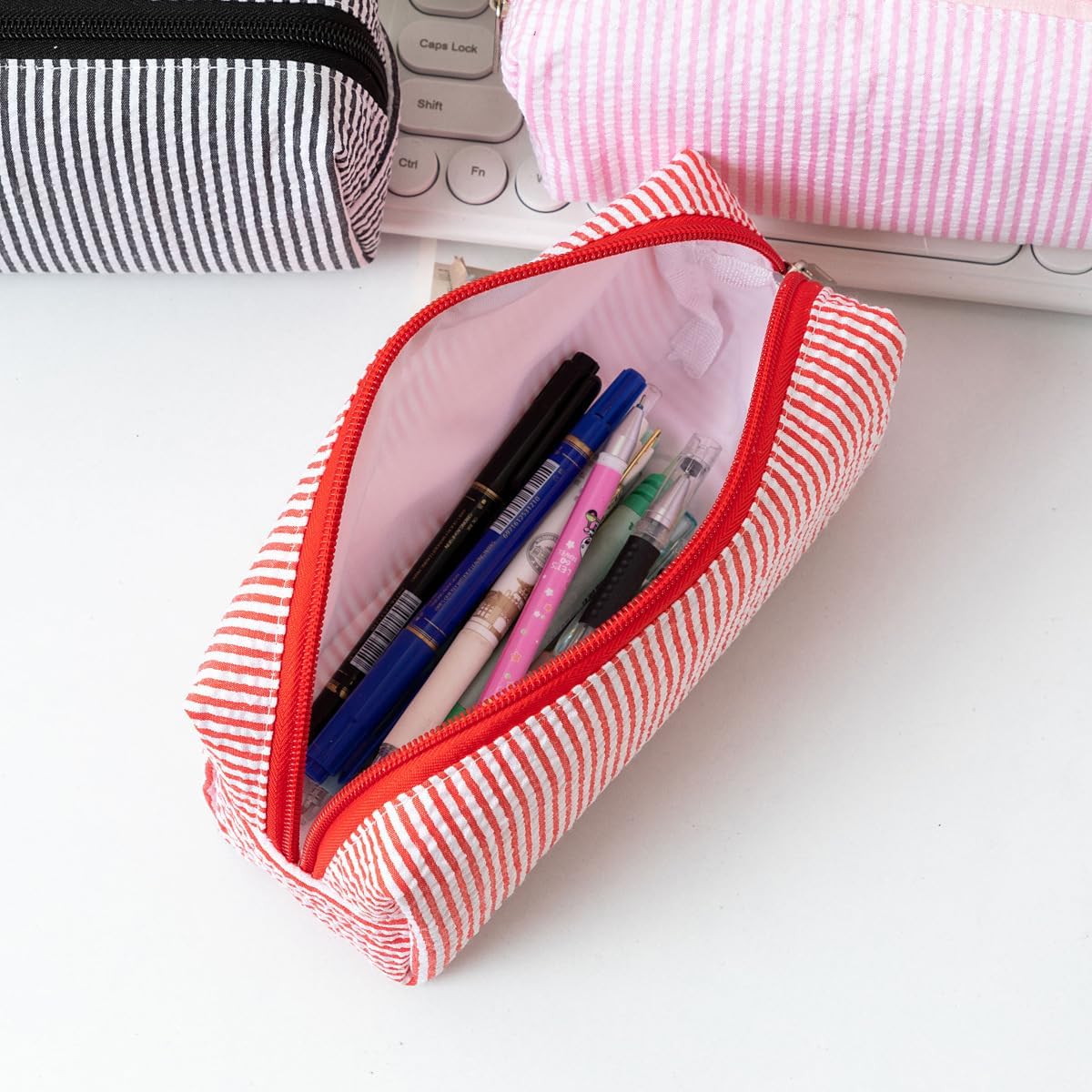 Seersucker Striped Pencil Bag, Large Capacity Stationery Pouch