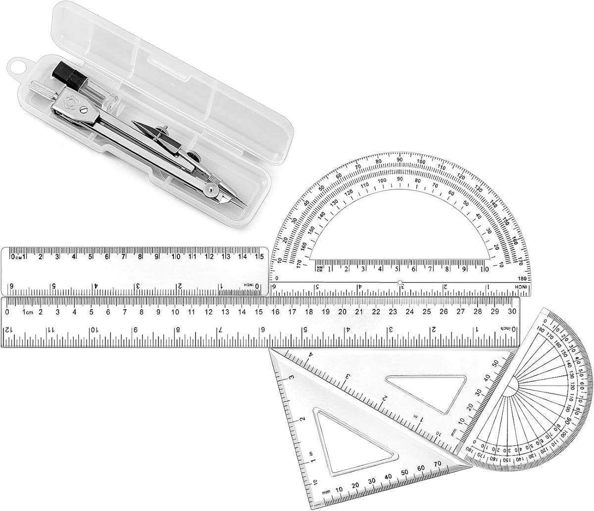 Zonon 7 Pcs Geometry Set with Drawing Compas, 6&4 Inch Protractors, Clear