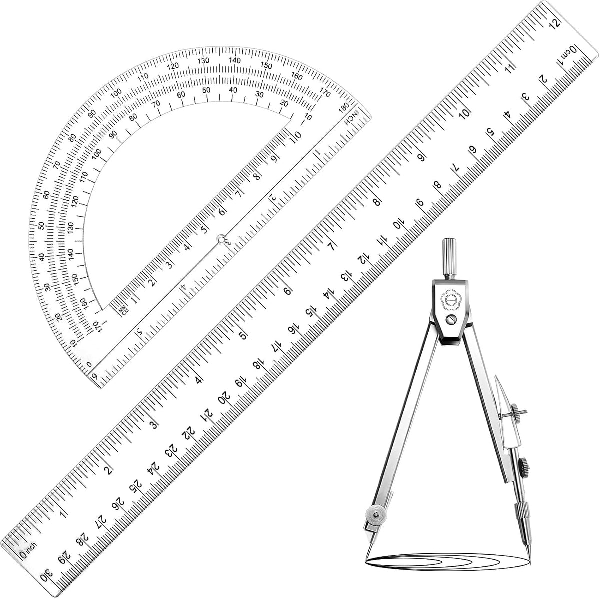 Zonon 3 Pcs 12" Clear Plastic Ruler 6 Inch Protractor Compass Set, Clear