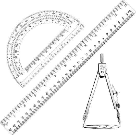 Zonon 3 Pcs 12" Clear Plastic Ruler 6 Inch Protractor Compass Set, Clear