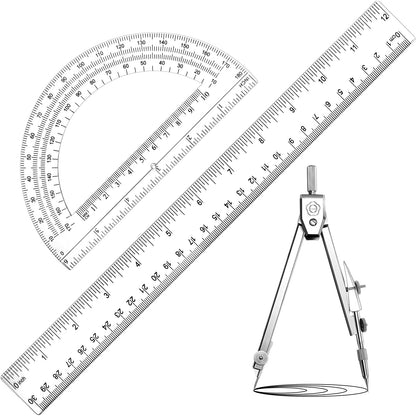 Zonon 3 Pcs 12" Clear Plastic Ruler 6 Inch Protractor Compass Set, Clear