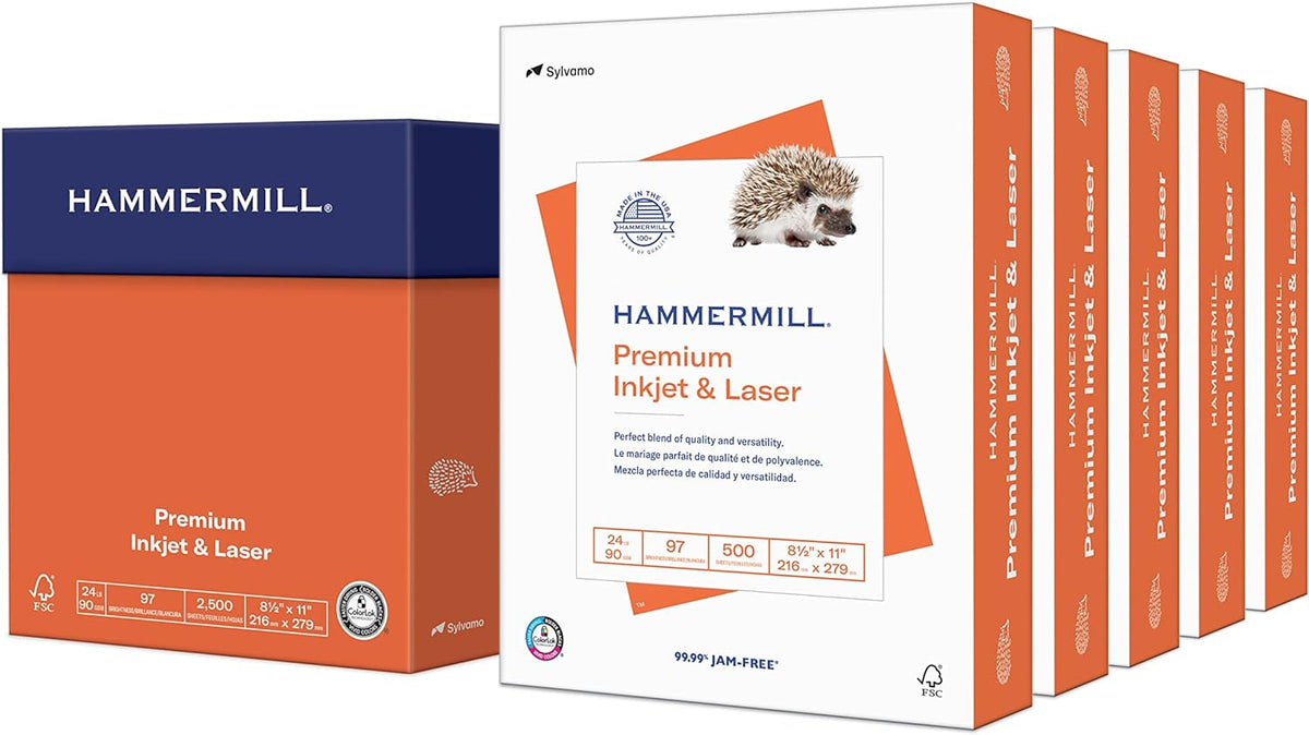 Hammermill Printer Paper, Premium Inkjet & Laser Paper 24 Lb, 8.5 x 11-5 Ream (2,500 Sheets) - 97 Bright, Made in the USA, 166140C