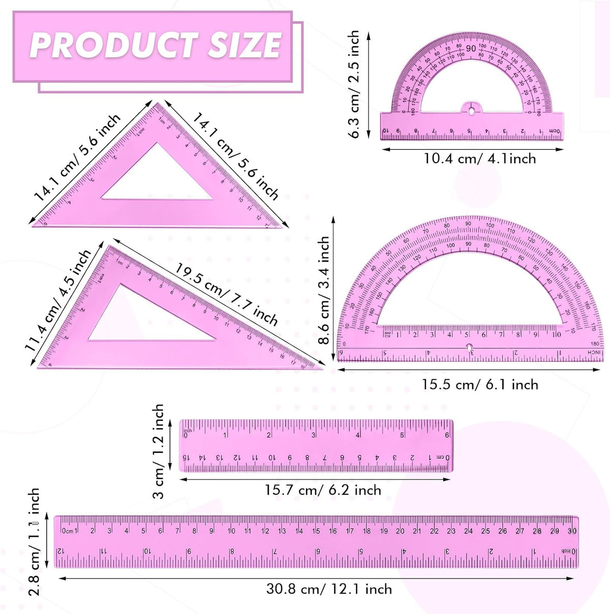 Tenare 6 Pcs Math Geometry Ruler Straight Protractor Triangle, Pink