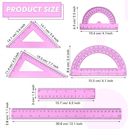 Tenare 6 Pcs Math Geometry Ruler Straight Protractor Triangle, Pink