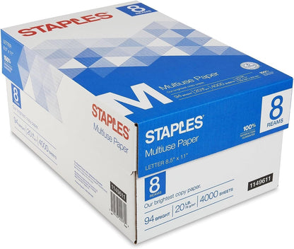 Staples Multiuse Copy Paper, 8.5x11 Inch, 20 lb., 94 Brightness, 5 Reams