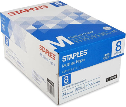 Staples Multiuse Copy Paper, 8.5x11 Inch, 20 lb., 94 Brightness, 5 Reams
