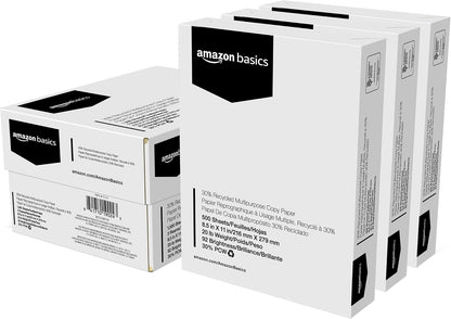 Amazon Basics 30% Recycled Multipurpose Copy & Print Paper, 8.5 x 11 Inches, 20 lb Weight, 92 Bright, White, Certified, 1500 Sheets (3 Reams)