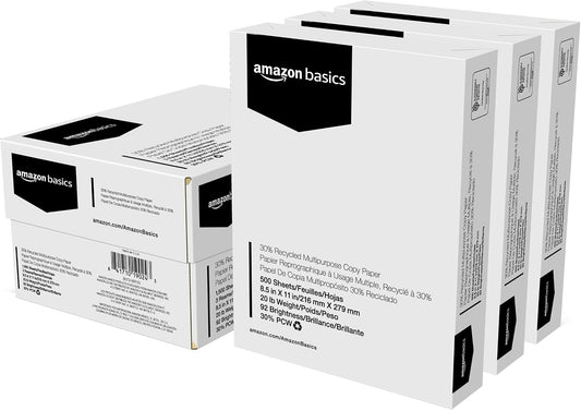 Amazon Basics 30% Recycled Multipurpose Copy & Print Paper, 8.5 x 11 Inches, 20 lb Weight, 92 Bright, White, Certified, 1500 Sheets (3 Reams)