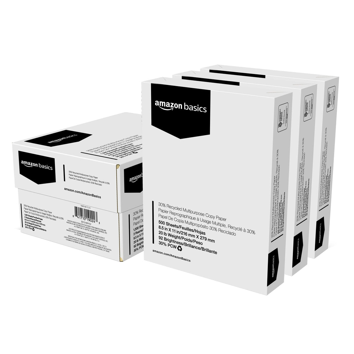 Amazon Basics 30% Recycled Multipurpose Copy & Print Paper, 8.5 x 11 Inches, 20 lb Weight, 92 Bright, White, Certified, 1500 Sheets (3 Reams)