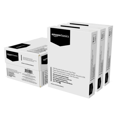 Amazon Basics 30% Recycled Multipurpose Copy & Print Paper, 8.5 x 11 Inches, 20 lb Weight, 92 Bright, White, Certified, 1500 Sheets (3 Reams)