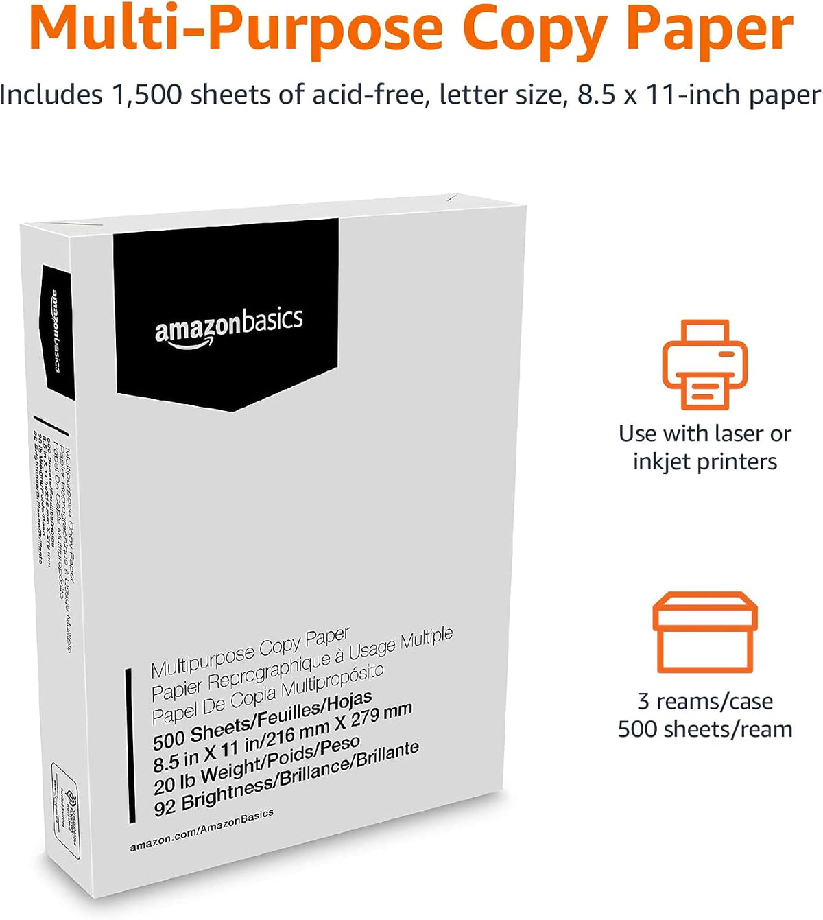 Amazon Basics Multipurpose Copy Printer Paper, 20 lb, 8.5 x 11 Inches, 3 Reams (1,500 Sheets), 92 Bright White for Home Use