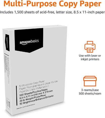 Amazon Basics Multipurpose Copy Printer Paper, 20 lb, 8.5 x 11 Inches, 3 Reams (1,500 Sheets), 92 Bright White for Home Use