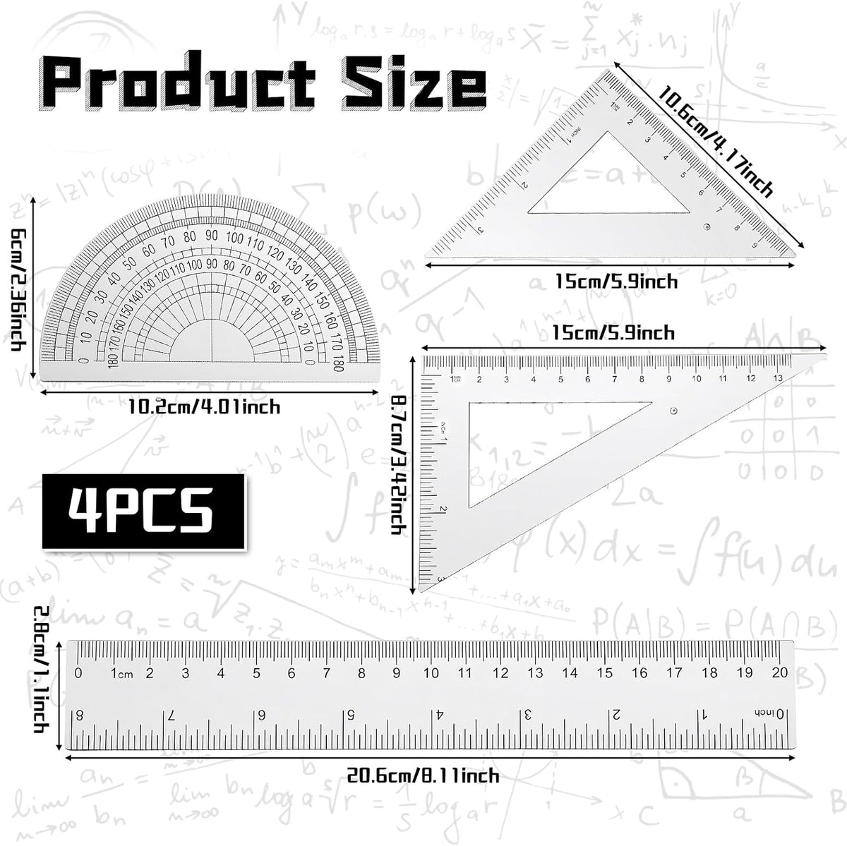 4 Pcs Math Geometry Set Transparent Plastic Ruler Kit with 8 Inch Straight Rulers, Triangular Ruler, Protractor, Clear Measuring Tools for Office and Drafting