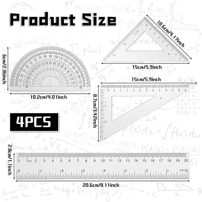 4 Pcs Math Geometry Set Transparent Plastic Ruler Kit with 8 Inch Straight Rulers, Triangular Ruler, Protractor, Clear Measuring Tools for Office and Drafting