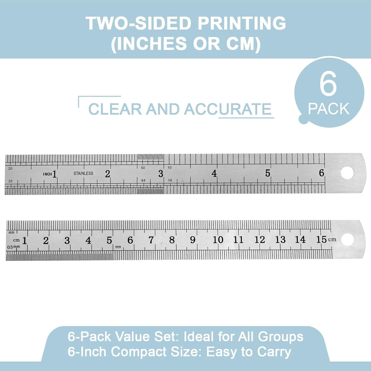 6 Pack Heavy Duty 6 INCH (15 CM) Steel Ruler Set
