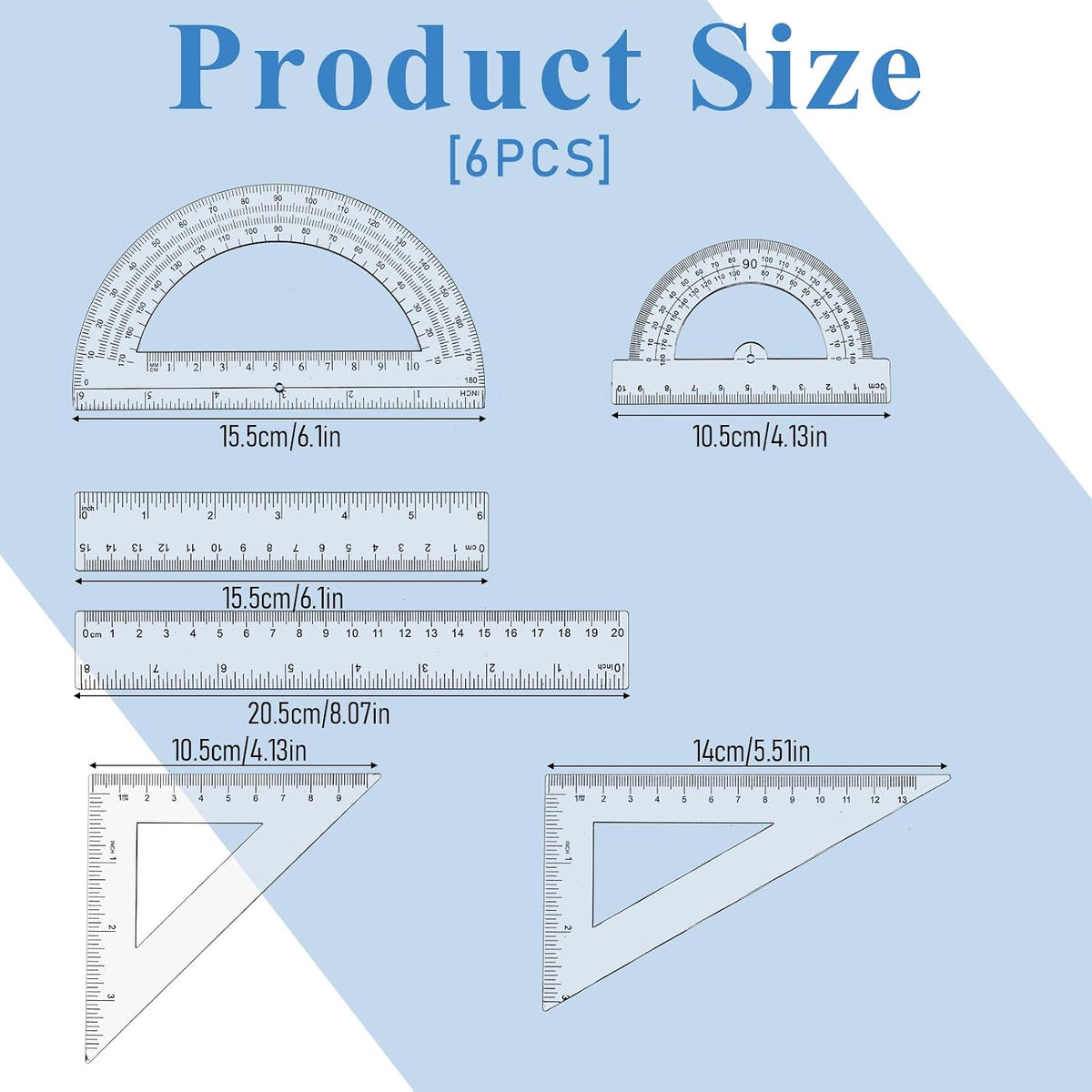 6 Pcs Geometry Set Transparent Plastic Clear Ruler Drafting Kit Includes Protractor Straight Ruler Triangle Rulers Clear Measuring Tools for Office Home Supplie