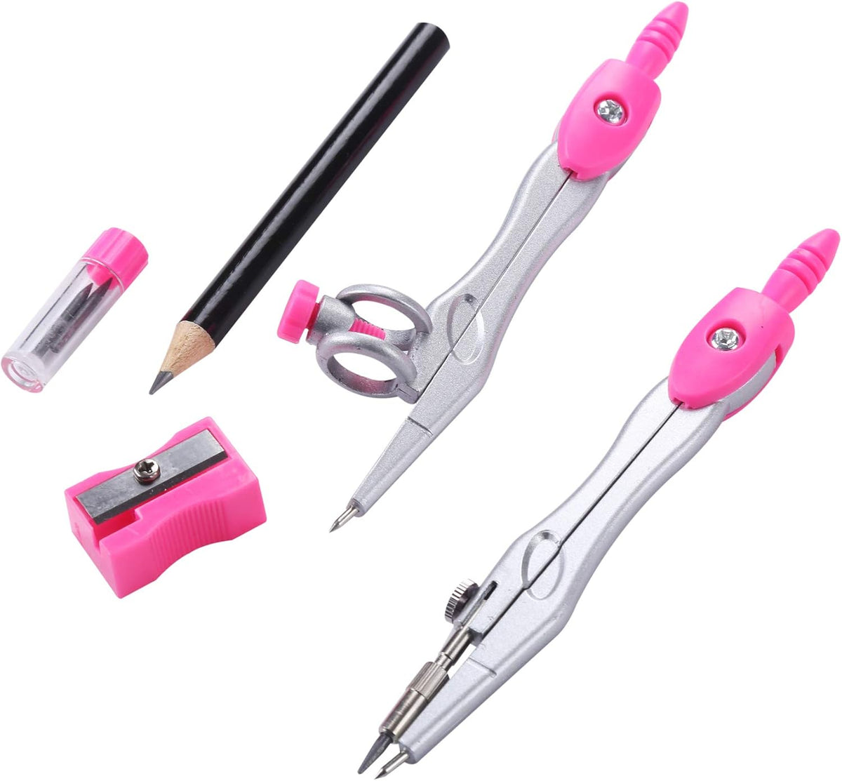 Unjoo Geometry Set 10 Pcs Student Supplies, Protractor and Compass (Pink）