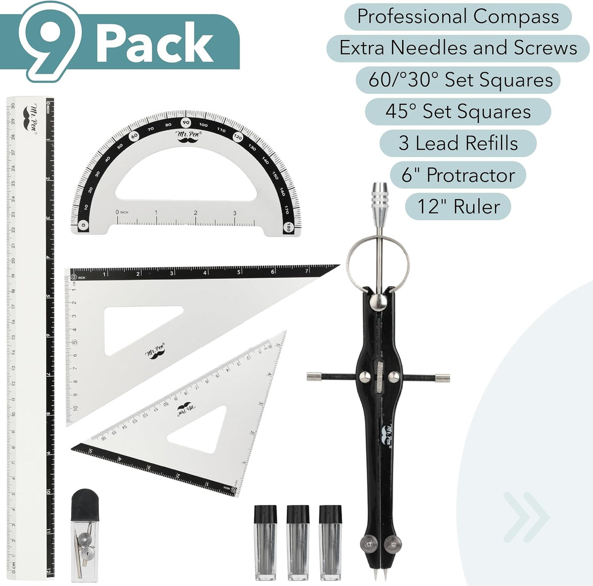 Mr. Pen- Metal Geometry Set, 9 pcs, Compass, 6" Protractor, 12" Ruler