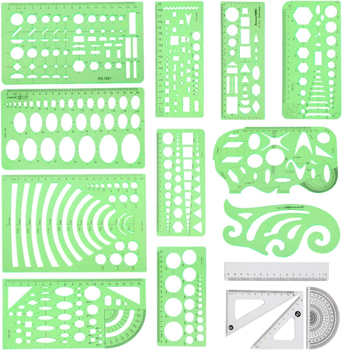 Angrox Geometric Drawings Templates Measuring Geometry Rulers 15 Pcs with 1 Pack File Bag for Design School Studying Office Building…