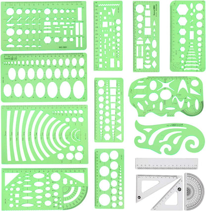 Angrox Geometric Drawings Templates Measuring Geometry Rulers 15 Pcs with 1 Pack File Bag for Design School Studying Office Building…